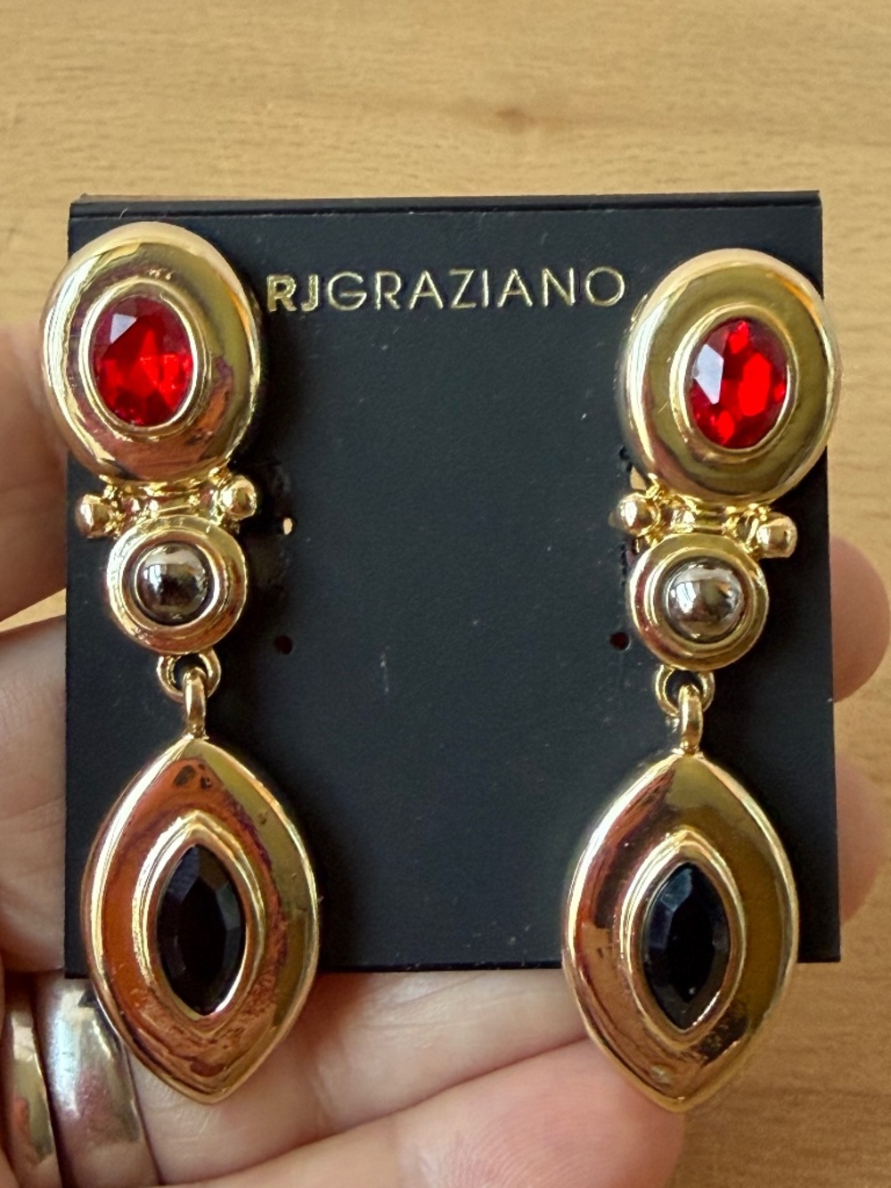R.J. Graziano Red Black Rhinestone Crystals Bold Drop Dangle Clip On Earrings BN